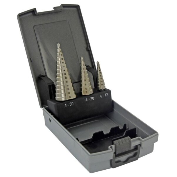 Pakopinių grąžtų rinkinys Tivoly HSS, 3vnt, 4-12mm / 4-20mm / 4-30mm Pakopinių grąžtų rinkinys Tivoly HSS, 3vnt, 4-12mm / 4-20mm / 4-30mm