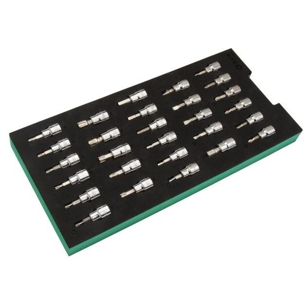 Padėklas. Galvučių su antgaliais rinkinys 3/8" (pl./PH/PZ/HEX/torx) 28vnt. 1 Padėklas. Galvučių su antgaliais rinkinys 3/8" (pl./PH/PZ/HEX/torx) 28vnt. 1