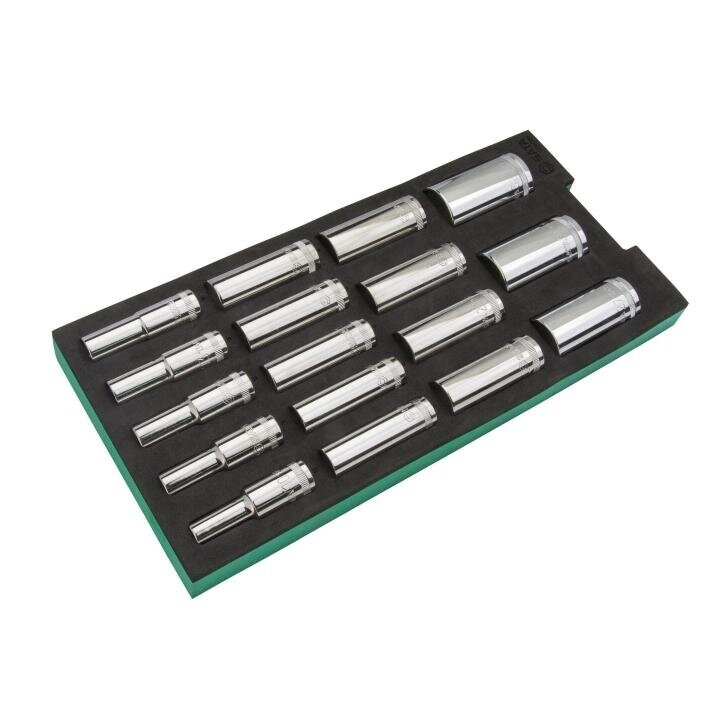 Padėklas. Prailgintų galvučių rinkinys 1/2'' 17vnt. 1 Padėklas. Prailgintų galvučių rinkinys 1/2'' 17vnt. 1