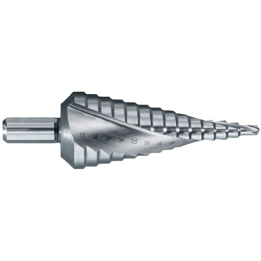Pakopinis grąžtas Ø6-37 mm. spiralinis, nedengtas.12 pakopų Pakopinis grąžtas Ø6-37 mm. spiralinis, nedengtas.12 pakopų