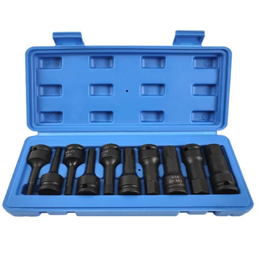 Prailgintų smūginių galvučių su antgaliais rinkinys 1/2'' (HEX) 10vnt. Prailgintų smūginių galvučių su antgaliais rinkinys 1/2'' (HEX) 10vnt.
