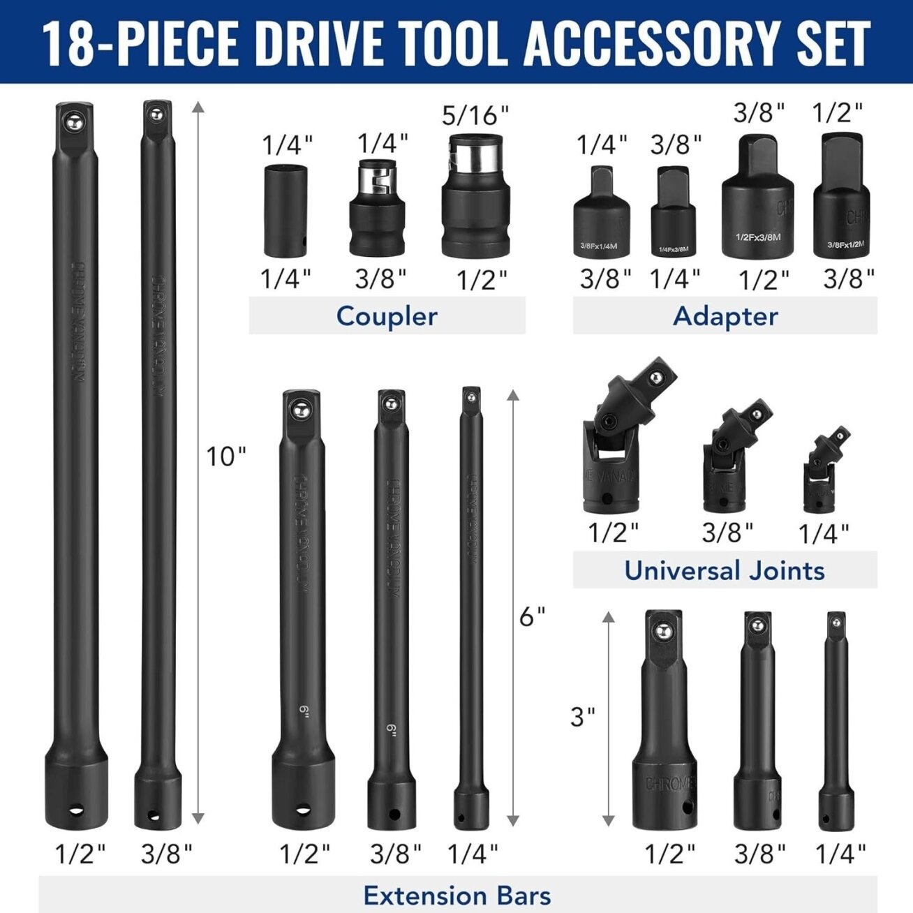 Smūginių prailgintojų ir adapterių rinkinys 1/4"+3/8"+1/2" 18vnt. 1