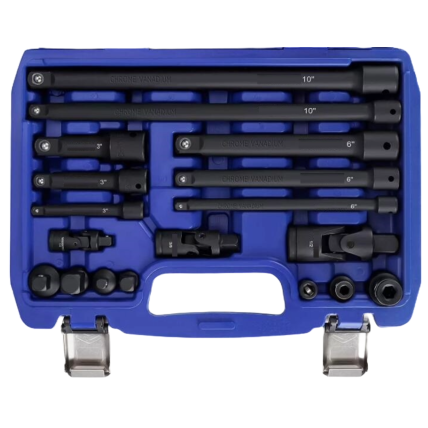 Smūginių prailgintojų ir adapterių rinkinys 1/4"+3/8"+1/2" 18vnt. Smūginių prailgintojų ir adapterių rinkinys 1/4"+3/8"+1/2" 18vnt.