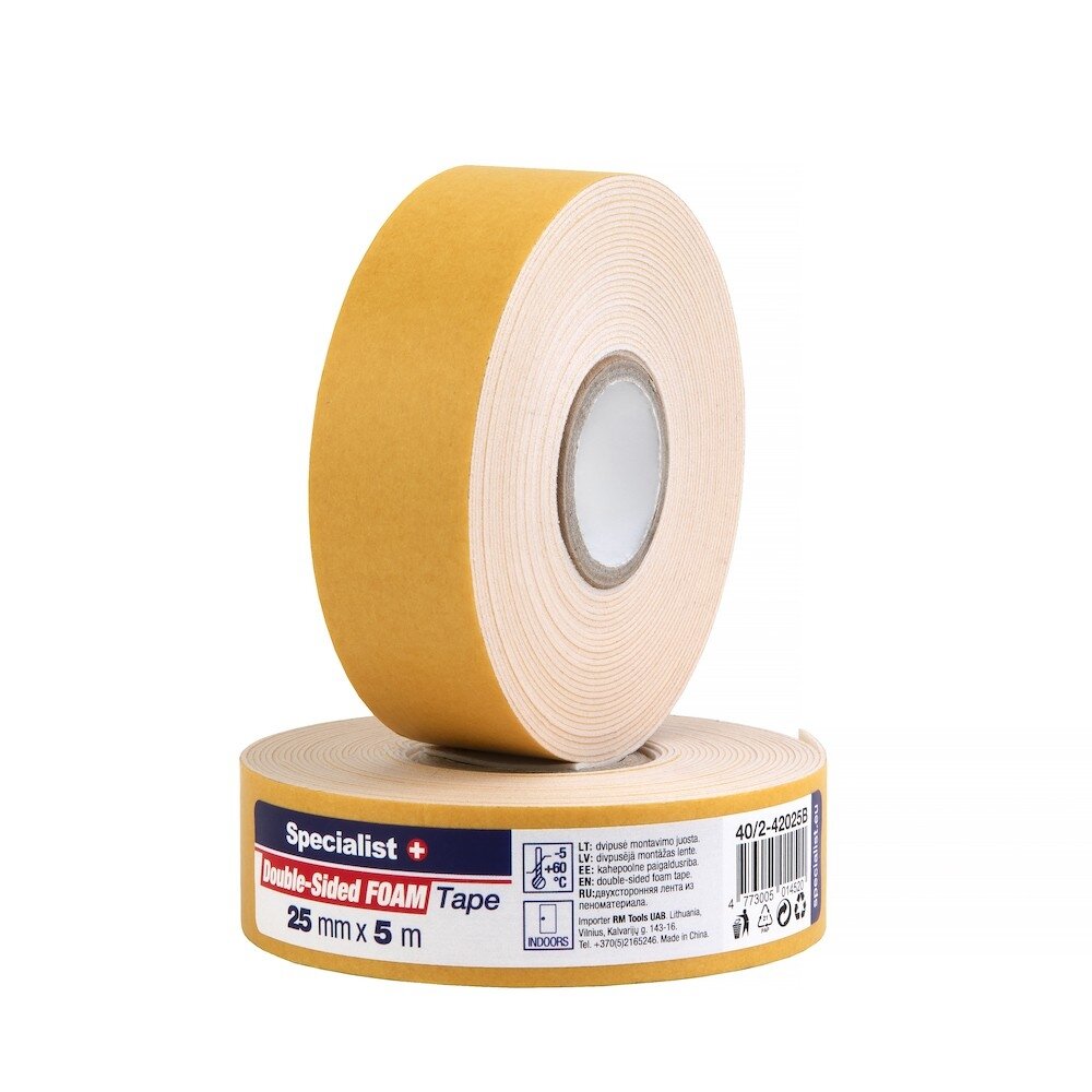 Specialist+ SPECIALIST+ dvipusė mont. juosta, 25 mm x 5 m, balta Specialist+ SPECIALIST+ dvipusė mont. juosta, 25 mm x 5 m, balta