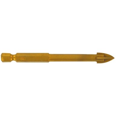 Stiklo ir keramikos plytelių grąžtas, keturių briaunų, 1/4" HEX kotelis, Ø6mm Stiklo ir keramikos plytelių grąžtas, keturių briaunų, 1/4" HEX kotelis, Ø6mm