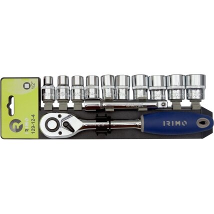 Terkšlės 1/2" ir galvučių rinkinys su prailgintoju 125mm.10-24mm, 12 vnt Irimo Terkšlės 1/2" ir galvučių rinkinys su prailgintoju 125mm.10-24mm, 12 vnt Irimo
