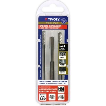 Tivoly Carbide Rotary Burr Set – 2-Piece, Ø4-6mm, Chip-Breaker Teeth, + 1 "Lock Destroyer" drill, TECHNIC Series Tivoly Carbide Rotary Burr Set – 2-Piece, Ø4-6mm, Chip-Breaker Teeth, + 1 "Lock Destroyer" drill, TECHNIC Series