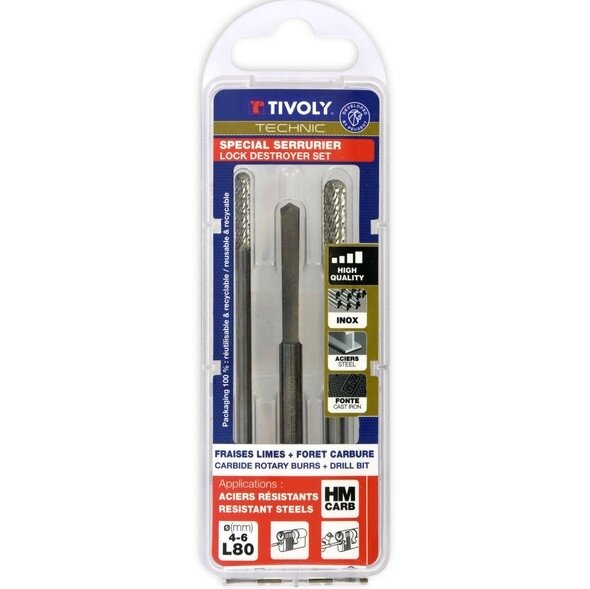 Tivoly Carbide Rotary Burr Set – 2-Piece, Ø4-6mm, Chip-Breaker Teeth, + 1 "Lock Destroyer" drill, TECHNIC Series Tivoly Carbide Rotary Burr Set – 2-Piece, Ø4-6mm, Chip-Breaker Teeth, + 1 "Lock Destroyer" drill, TECHNIC Series