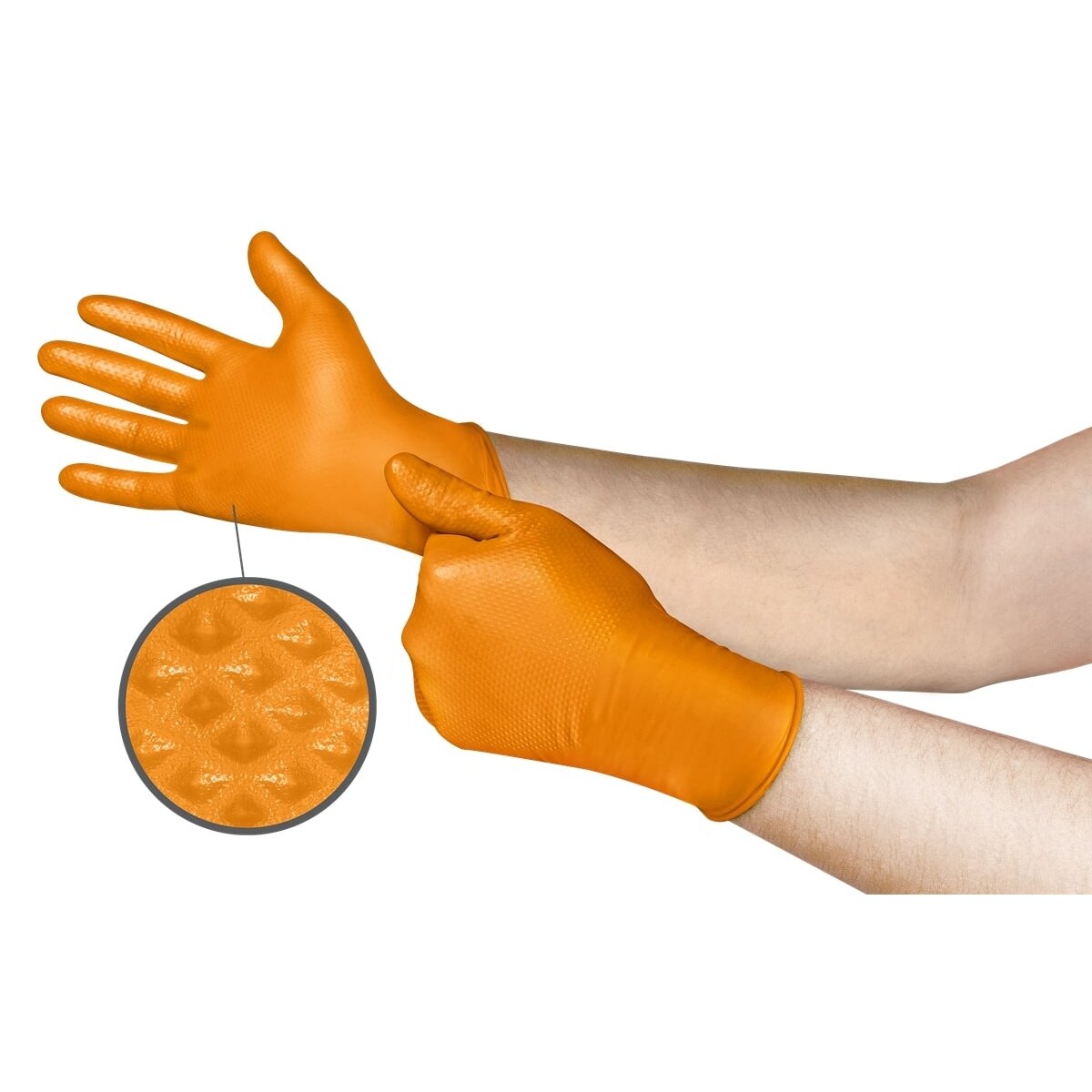 Vienkartinės nitrilinės pirštinės Ansell Microflex  Mega Grip 93-256, 100vnt, 0,13mm storio, 275mm ilgio, M dydis (7,5-8), tekstūruoti pirštai, ORANŽINĖS