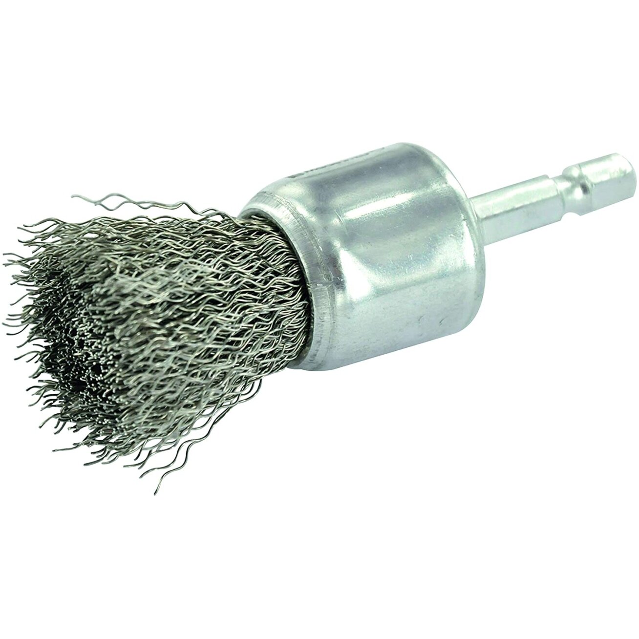 Vielinis šepetys drėlei, Ø24mm, banguota viela INOX, 0.3mm, kotelis 1/4 HEX Vielinis šepetys drėlei, Ø24mm, banguota viela INOX, 0.3mm, kotelis 1/4 HEX