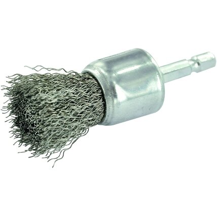 Vielinis šepetys drėlei, Ø24mm, banguota viela INOX, 0.3mm, kotelis 1/4 HEX Vielinis šepetys drėlei, Ø24mm, banguota viela INOX, 0.3mm, kotelis 1/4 HEX