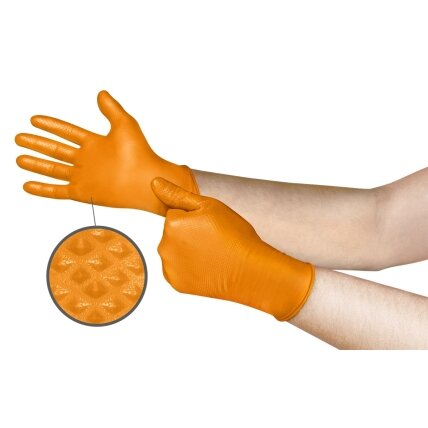 Vienkartinės nitrilinės pirštinės Ansell Microflex Mega Grip 93-256, 100vnt, 0,13mm storio, 275mm ilgio, M dydis (7,5-8), tekstūruoti pirštai, ORANŽINĖS Vienkartinės nitrilinės pirštinės Ansell Microflex Mega Grip 93-256, 100vnt, 0,13mm storio, 275mm ilgio, M dydis (7,5-8), tekstūruoti pirštai, ORANŽINĖS