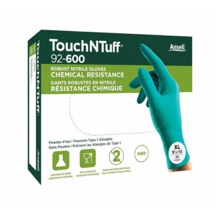 Vienkartinės nitrilinės pirštinės Ansell TouchNTuff 92-600, 0,12mm storio, L (8,5-9), lygus delnas, žalios, 20 vnt dėžutė Vienkartinės nitrilinės pirštinės Ansell TouchNTuff 92-600, 0,12mm storio, L (8,5-9), lygus delnas, žalios, 20 vnt dėžutė