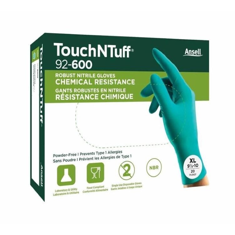 Vienkartinės nitrilinės pirštinės Ansell TouchNTuff 92-600, 0,12mm storio, L (8,5-9), lygus delnas, žalios, 20 vnt dėžutė Vienkartinės nitrilinės pirštinės Ansell TouchNTuff 92-600, 0,12mm storio, L (8,5-9), lygus delnas, žalios, 20 vnt dėžutė